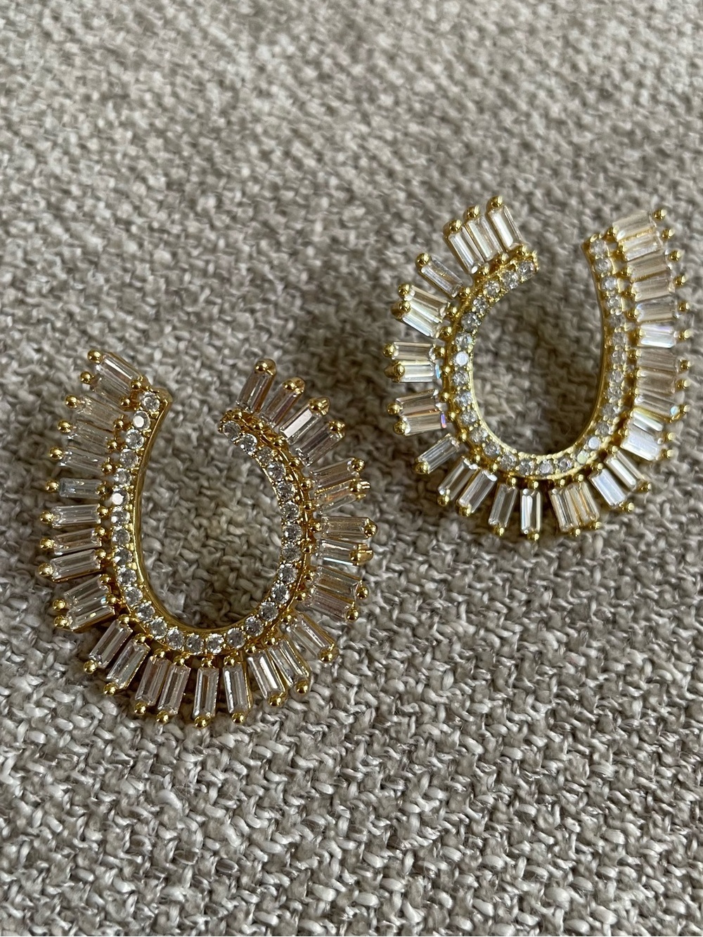 Stella and Dot Baugette Blitz Gold Tone Clear Stones Wave C Shaped Earrings